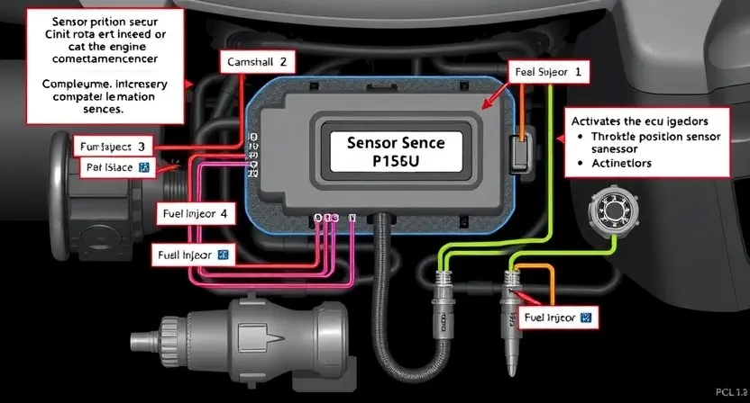 A detailed diagram illustrating a car's engine control unit (ECU) and its connection to various sensors (e.g., camshaft position sensor, crankshaft position sensor, throttle position sensor) and actuators (e.g., fuel injectors). Highlight the P1565 error code within the ECU interface. Use clear, technical illustrations and labels. Focus on the diagnostic process and potential causes related to sensor malfunction or faulty wiring.