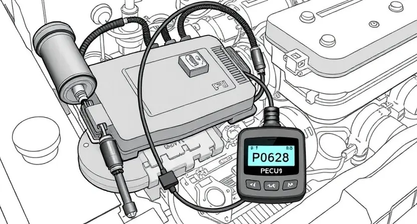 A detailed illustration of an automotive engine control unit (ECU) with various sensors and wiring harnesses connected to it. The ECU should be highlighted, and the wiring should be clearly visible. Include a diagnostic tool connected to the ECU, displaying a P0628 error code. The background should be a clean, technical environment.