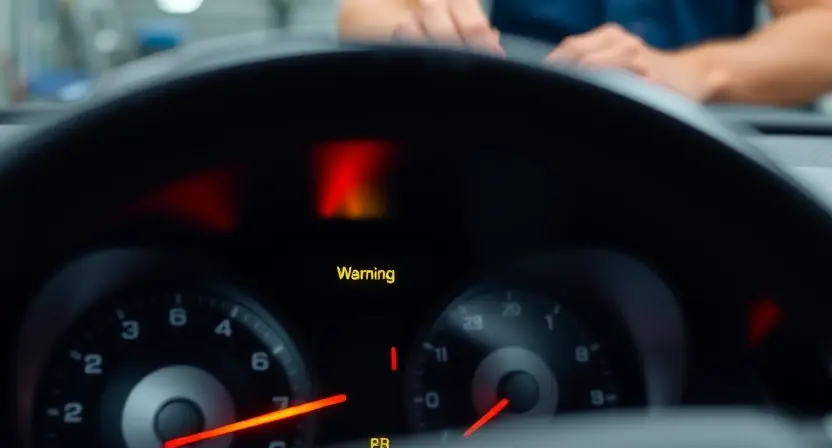 A close-up shot of a car's dashboard displaying a warning light, with a mechanic's hands working on the car's electrical system in the blurred background. Focus on the dashboard and the warning light.