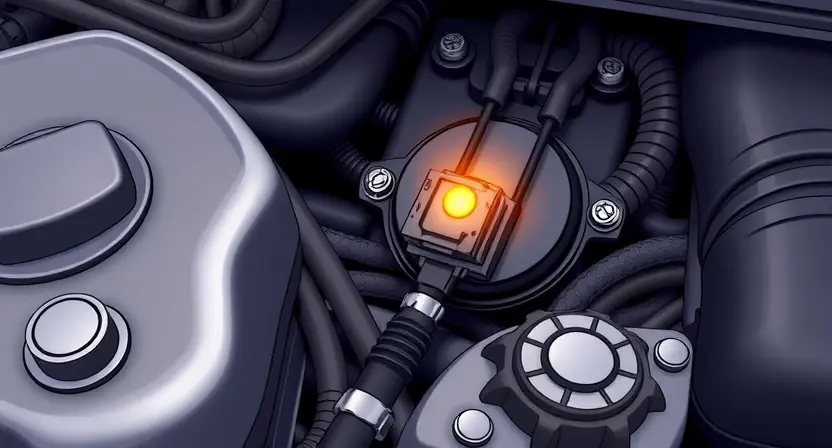 A detailed illustration of a car engine compartment with a focus on the pre-start heater relay. The relay should be highlighted with a glowing effect to indicate a malfunction. The surrounding components should be depicted in a realistic manner, showing the intricate details of the engine parts. The image should convey a sense of technical precision and diagnostic focus.