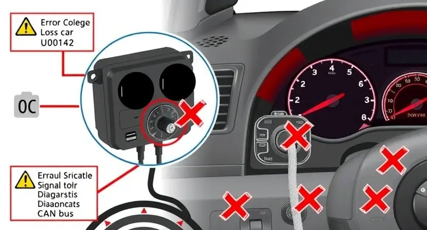 A detailed technical illustration showing a car's body control module (BCM) with a broken communication line between it and the vehicle's CAN bus, surrounded by diagnostic symbols like error code U0142, warning lights on a dashboard, and wiring harnesses with red 'X' marks indicating signal loss, all in a clean, professional automotive engineering style