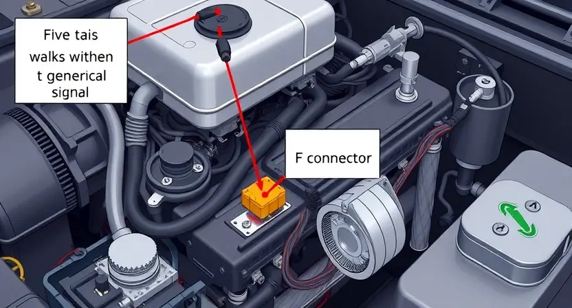 A detailed illustration of an automotive engine bay, focusing on the area around the engine's wiring harness and the generator. Highlight the F connector and the associated wiring. Include visual cues representing a weak electrical signal, such as faint or broken wires, or a dimly lit connector.