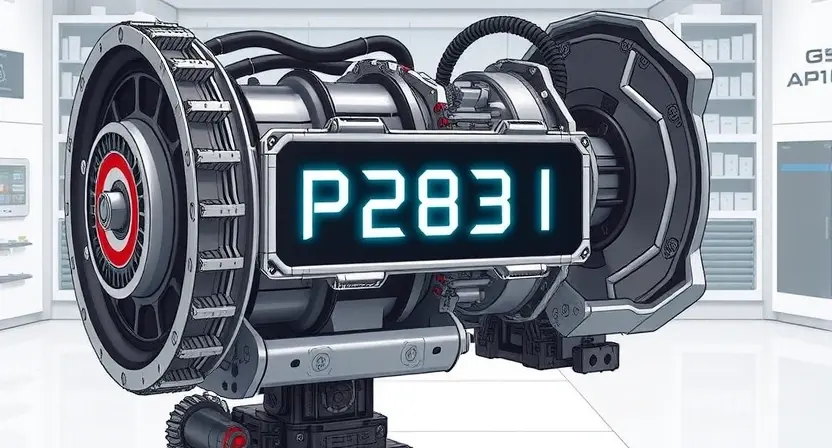 A detailed illustration of a robotic transmission box with a highlighted error code P2831 displayed on a digital interface. The transmission box should be complex, showing gears, actuators, and electronic components. The error code should be clearly visible and well-lit. The background should be a clean, technical environment.