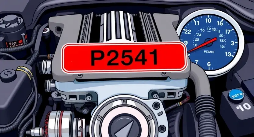 A detailed illustration of a car engine with a highlighted P2541 error code displayed on a digital dashboard. The engine should be realistically rendered, showcasing various components like pistons, valves, and belts. The dashboard should be modern and clearly show the error code in a prominent, easily readable font.