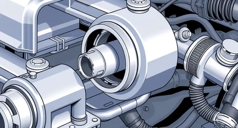 A close-up, detailed illustration of an automotive engine's exhaust manifold with a focus on the oxygen sensor. The sensor should be clearly visible, showing its wiring and connection point. The surrounding engine components should be subtly rendered to provide context without obscuring the sensor. The overall lighting should be bright and highlight the metallic surfaces.