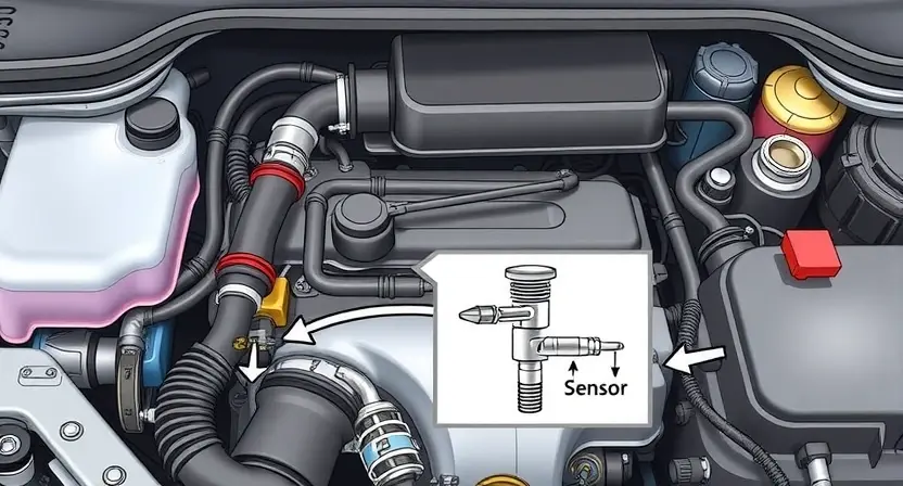 A detailed illustration of a car engine with a highlighted oxygen sensor. The sensor should be clearly visible, with arrows pointing to its location and a diagram showing its function in the exhaust system. Focus on the engine components surrounding the sensor, depicting a clean and well-maintained engine bay.