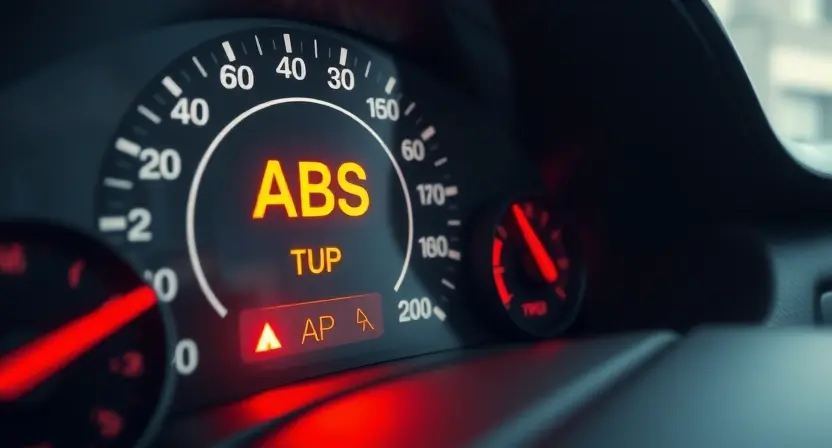A close-up, detailed image of a car's dashboard displaying an ABS warning light. The dashboard should be clean and modern, with a focus on the warning light itself. The background should be slightly blurred to emphasize the light.