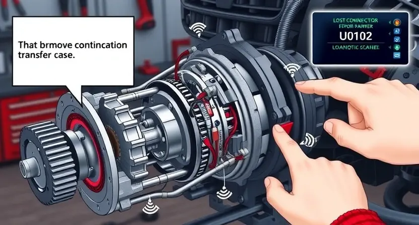 A detailed technical illustration of a vehicle transfer case with visible internal components such as gears, shafts, and bearings, showing signs of communication failure — like disconnected wiring harnesses, error codes (U0102) displayed on a diagnostic scanner screen nearby, and warning lights on a dashboard. Include a mechanic’s hand pointing to a loose connector or damaged wire, with subtle motion blur or signal wave icons suggesting lost communication. Background: a garage setting with tools