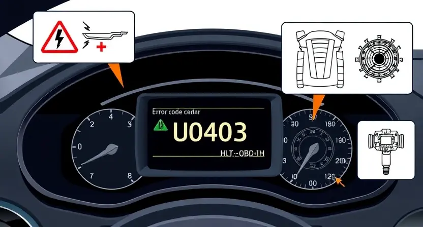 A high-quality technical illustration showing a car's OBD-II diagnostic scanner displaying error code U0403, with visual cues like warning symbols, circuit diagrams, and automotive components, rendered in the style "HQ-832-448-h"
