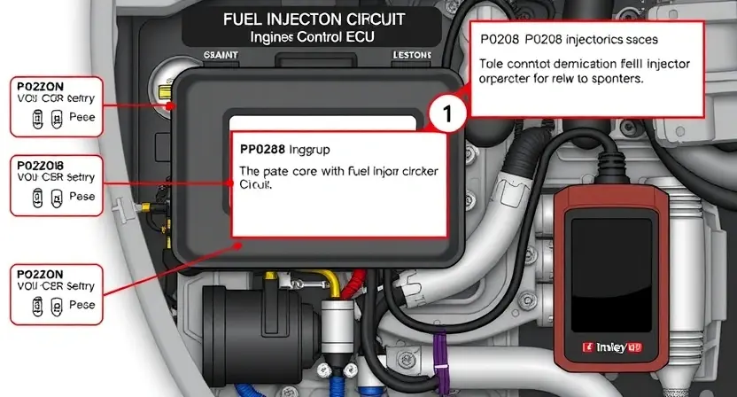A detailed illustration of an automotive engine control unit (ECU) with a P0208 error code highlighted. The image should show wiring diagrams and diagnostic tools connected to the ECU, indicating a potential issue with the fuel injector circuit. Focus on the components related to fuel injection and the error code display.