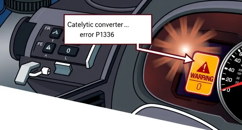 A high-quality technical illustration showing an engine control unit with a highlighted P1336 error code, a glowing catalytic converter, and a warning light on a car dashboard, with clean lines and technical details, no text or numbers on the image