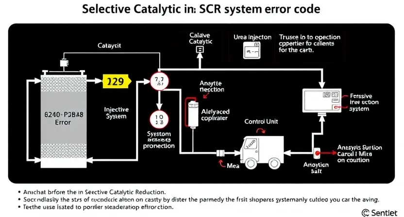 A detailed schematic diagram of a Selective Catalytic Reduction (SCR) system, highlighting the P2BA8 error code and its potential impact on the system's operation. Include visual representations of key components like the catalyst, urea injection system, and control unit.