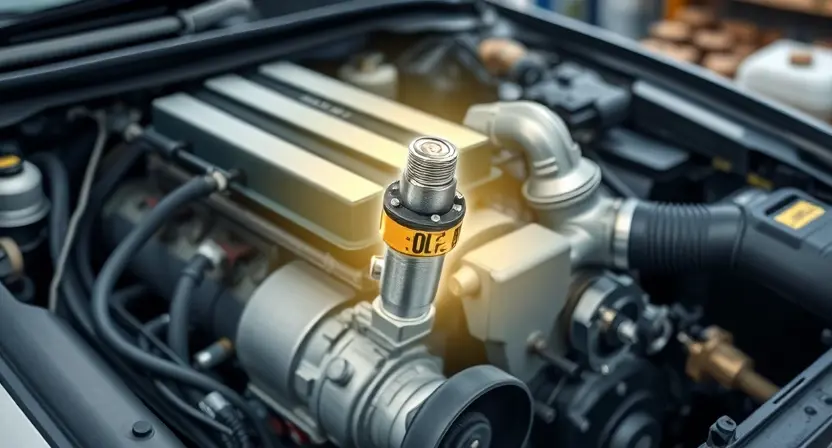 A detailed illustration of a car engine with a highlighted solenoid valve. The engine should be realistically rendered, showing various components like hoses, wires, and the overall engine block. The solenoid valve should be clearly visible and emphasized, perhaps with a subtle glow or outline to draw attention. The background should be a slightly blurred workshop environment.