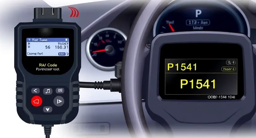 A detailed illustration of a car diagnostic tool connected to the OBD-II port of a VAZ/Lada car. The car's dashboard is visible in the background, showing warning lights. The diagnostic tool displays error codes, specifically P1541. Focus on the technical aspects of the connection and the error code display.