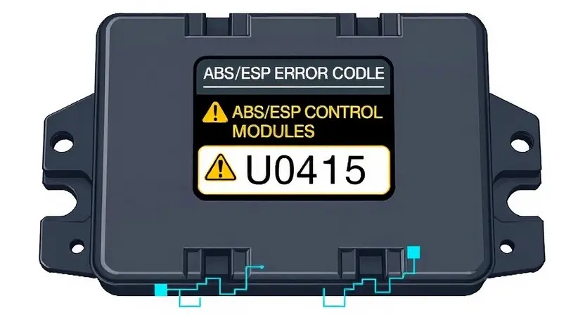 A high-quality technical illustration showing the ABS/ESP control module with highlighted error code U0415, surrounded by subtle warning symbols and circuit diagrams, clean background, professional automotive repair context
