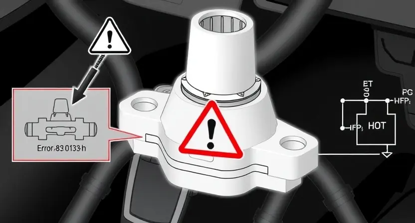 A high-quality technical illustration showing a vehicle's angular rate sensor with a warning sign indicating loss of connection, surrounded by schematic diagrams of wiring and error code U0123, in the style "HQ-832-448-h"