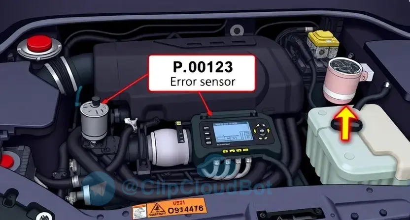 A detailed illustration of a car's engine bay, highlighting the P0123 error code indicator light. Focus on the diagnostic tools and components related to the issue, such as the mass airflow sensor and related wiring. The image should convey a sense of technical precision and automotive repair.