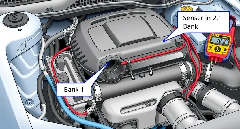 A detailed illustration of an automotive engine bay, specifically focusing on the Bank 1 sensor. The sensor should be clearly visible, with wiring and connections highlighted. Include diagnostic tools like a scan tool and a multimeter in the background. The overall scene should convey a sense of technical inspection and troubleshooting.