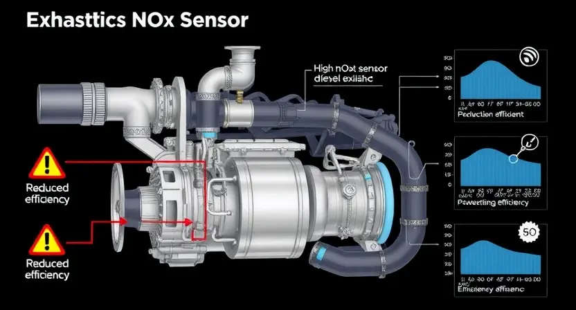 A high-quality technical illustration showing a diesel engine exhaust system with a NOx sensor in bank 2, highlighting components like the exhaust pipe, catalytic converter, and sensor, with visual indicators of reduced efficiency such as warning signs or efficiency graphs, in the style "HQ-832-448-h"