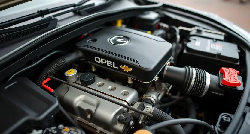 A close-up shot of an Opel and Chevrolet car engine bay, highlighting the engine components. Focus on the engine itself, with visible hoses, wires, and belts. The engine should appear clean and well-maintained.