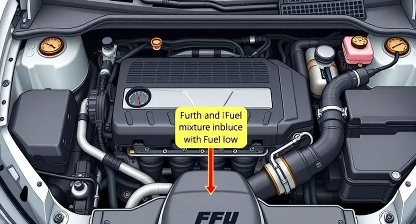 A detailed illustration of an engine bay with a focus on the fuel system. Show a fuel rail, fuel injectors, and a fuel pressure gauge. Highlight the area where a fuel mixture imbalance might occur. Include visual cues representing a lean condition, such as a slightly lighter color or a visual representation of reduced fuel flow.