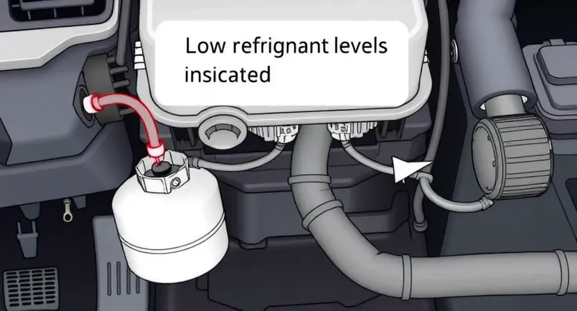 A detailed illustration of a car's air conditioning system, highlighting the refrigerant lines and components. Focus on the area where a low refrigerant level might be indicated. Include visual cues suggesting a potential leak or insufficient refrigerant.