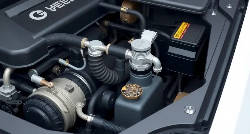 A close-up, detailed illustration of a car's engine bay. Focus on the vacuum lines and related components, highlighting a potential leak or disconnection. The engine should appear clean and well-maintained, but with a subtle visual cue indicating a problem with the vacuum system.