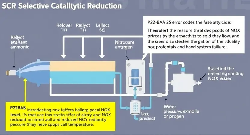 A detailed diagram illustrating the SCR (Selective Catalytic Reduction) system. The diagram should show the flow of NOx gas, the catalyst, the reductant (typically ammonia), and the resulting nitrogen and water. Highlight the P2BA8 error code and its impact on the system's efficiency, showing reduced NOx reduction and potential system failure. Include visual cues to represent the consequences of exceeding NOx levels, such as increased pressure or temperature.