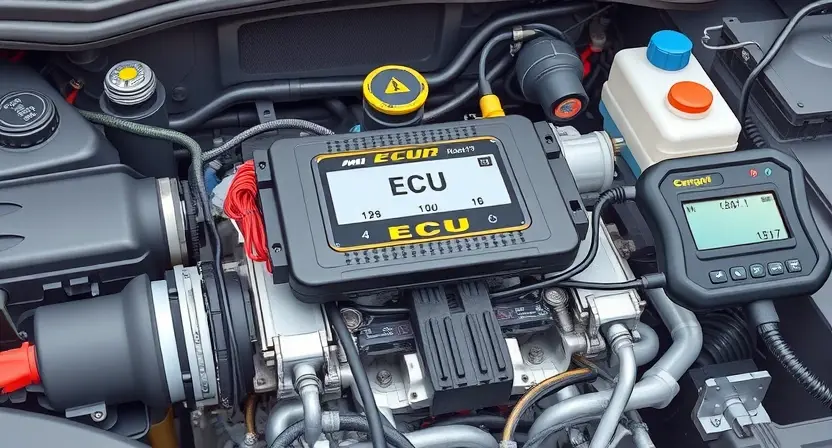 A detailed illustration of an automotive engine control unit (ECU) with various sensors and wiring. The ECU should be highlighted, and around it, depict a car engine with diagnostic tools connected. Focus on technical accuracy and clarity.