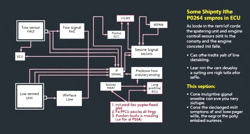 A detailed schematic diagram of an engine control unit (ECU) with various sensors and actuators connected. The diagram should clearly illustrate the flow of signals and the potential causes of a low signal issue. Include visual representations of the P0264 error code and its associated symptoms.