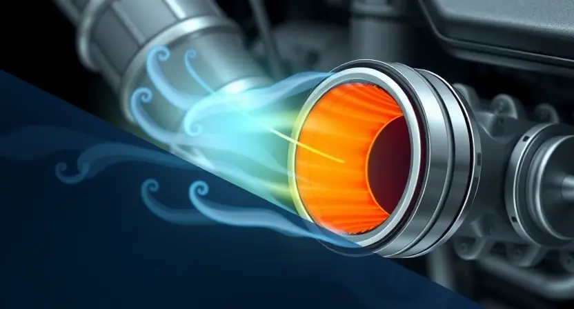A close-up illustration of a diesel engine's DPF (Diesel Particulate Filter) regeneration process. Show exhaust gases flowing through the DPF, with visual cues indicating the heating element activating and burning off accumulated soot. Focus on the internal structure of the DPF and the flow of gases. The image should convey a sense of technological process and efficiency.