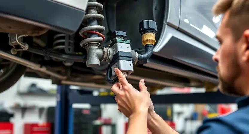 A detailed, high-quality image depicting a mechanic inspecting the solenoid valve of a front left air suspension air spring in a car. The mechanic is using a diagnostic tool connected to the solenoid. The car is raised on a lift, allowing clear access to the suspension components. Focus on the solenoid valve and its connection to the air spring. The background shows a professional auto repair shop environment with tools and equipment visible but out of focus.