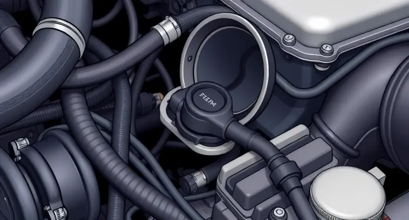 A close-up, detailed illustration of an engine bay with a focus on the intake air (IA) sensor. The sensor should be clearly visible, along with surrounding hoses and wiring. The overall scene should convey a sense of automotive mechanics and diagnostics.