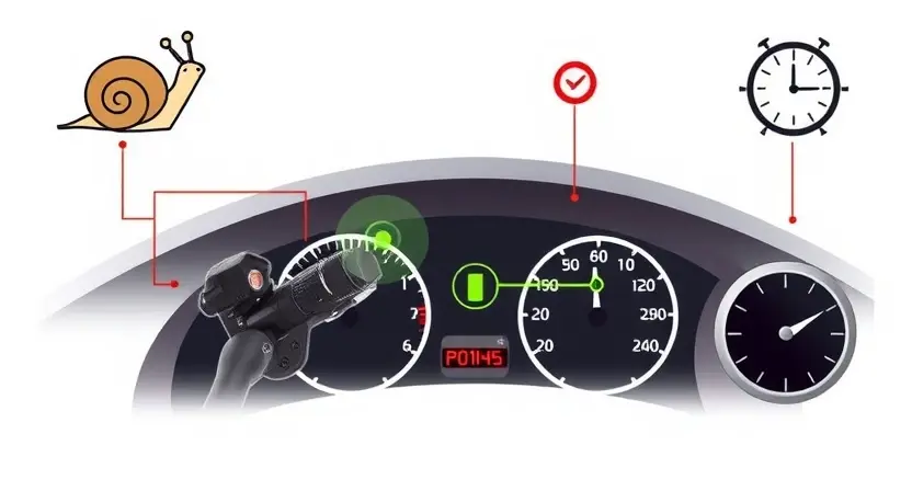 A high-quality technical illustration showing an automotive oxygen sensor (lambda sensor) with a warning light on a car dashboard indicating error code P0145, surrounded by subtle symbols of slow response like a snail or delayed clock, clean background, no text or numbers on image
