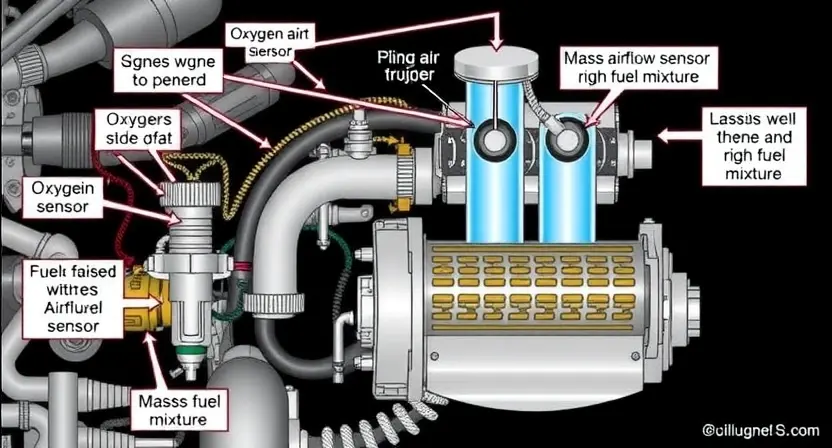 A detailed diagram illustrating an engine's air intake system, highlighting components related to oxygen sensors, fuel injectors, and the mass airflow sensor. The diagram should visually represent the flow of air and fuel, emphasizing the potential causes of a rich fuel mixture. Focus on mechanical components and connections.