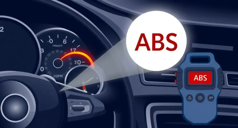 A high-quality technical illustration showing a car's ABS system with a highlighted warning light and diagnostic tool, clean lines, technical accuracy, no text or numbers on image