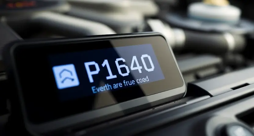 A close-up, detailed shot of a car's diagnostic interface displaying a P1640 error code. The background should subtly show a car's engine bay, out of focus. Focus on the error code display and the relevant car components.