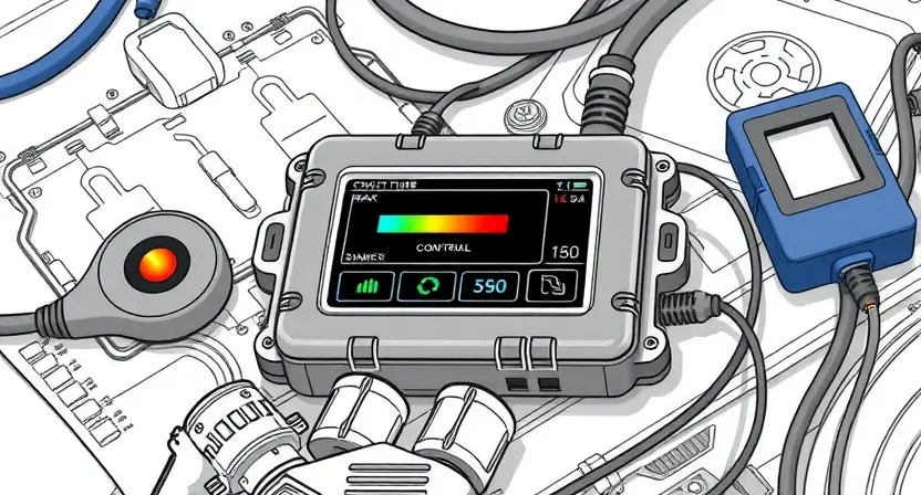 A high-quality technical illustration showing an automotive engine control unit (ECU) with a warning indicator light on, surrounded by diagnostic tools and wiring diagrams, clean technical drawing style, precise details, no text or numbers on the image