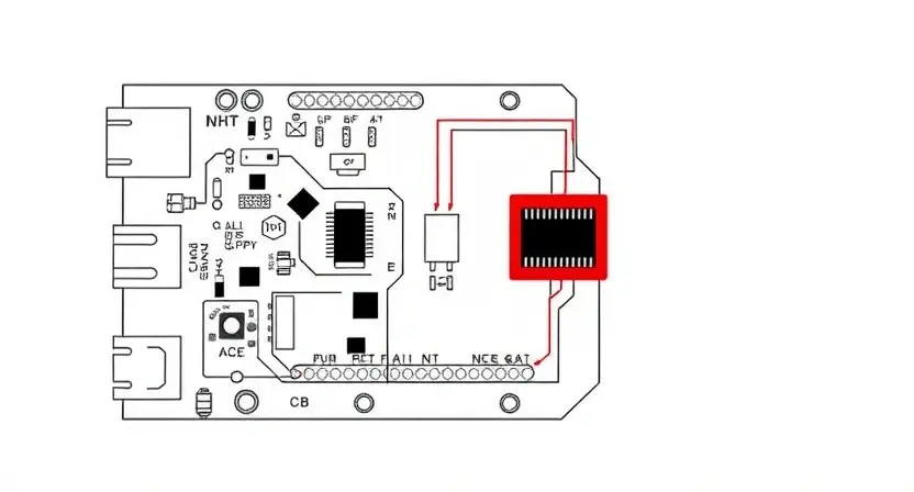 A detailed schematic diagram of an electrical circuit board, highlighting a potential voltage issue. The circuit board should show components like a microcontroller, power supply, and various electronic components. A red highlight should indicate a high voltage area, possibly near a connector or integrated circuit. The background should be a clean, professional-looking white.