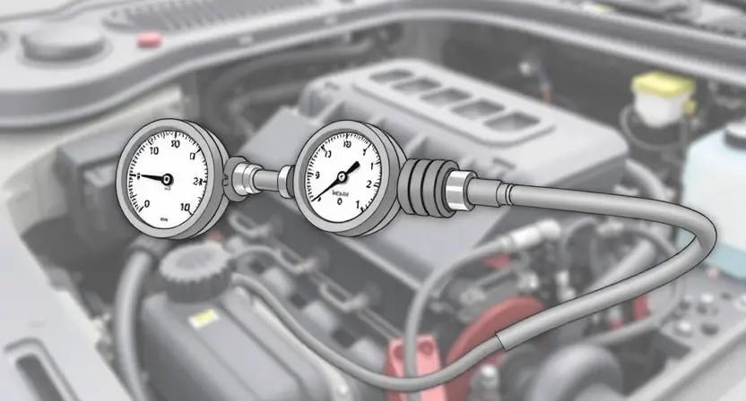 A detailed illustration of a car's power steering system with a focus on the pressure sensor. The sensor should be clearly visible, connected to wiring and a pressure gauge. The background should be a slightly blurred view of the car's engine bay.