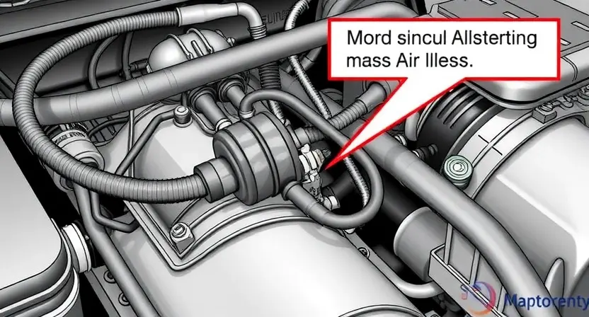 A detailed illustration of a car's engine bay, focusing on the Mass Air Flow (MAF) sensor and its associated wiring harness. The sensor should be clearly visible, along with the vacuum lines and other components in the immediate vicinity. The image should convey a sense of technical precision and clarity, suitable for a repair manual.