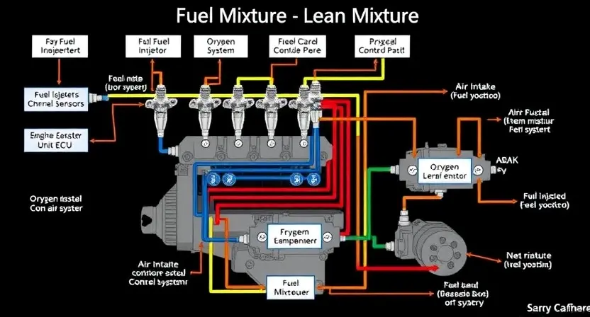 A detailed schematic diagram illustrating an engine's fuel system, specifically highlighting the components related to the P2179 error code (Lean Mixture). The diagram should show fuel injectors, oxygen sensors, the engine control unit (ECU), and the air intake system. Use color-coding to differentiate fuel and air flow. Focus on the relationship between these components and how a lean mixture can be detected and corrected.