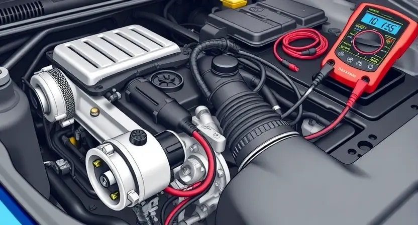 A detailed illustration of a car engine bay, focusing on the turbocharger position sensor. The sensor should be clearly visible, connected to wiring and the engine block. Include diagnostic tools like a scan tool and a multimeter in the background. The overall scene should convey a sense of automotive repair and technical inspection.