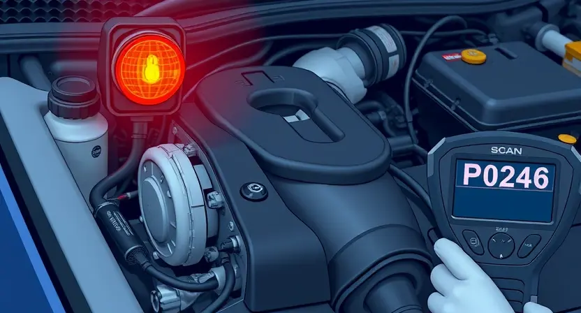 A detailed illustration of a car engine bay with a check engine light illuminated. Focus on the engine components, wiring, and the diagnostic trouble code (P0246) displayed on a scan tool. The image should convey a sense of technical detail and automotive repair.