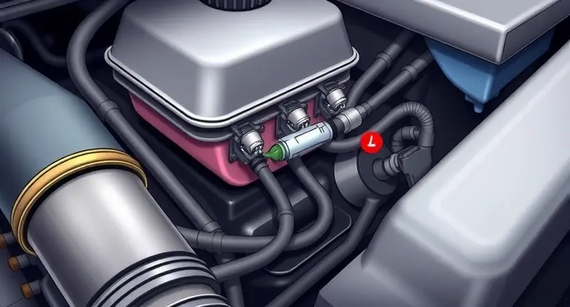 A detailed illustration of a car engine bay, focusing on the throttle position sensor and its wiring. The sensor should be clearly visible, along with the surrounding components like the intake manifold and air filter housing. Highlight the wiring connections to the sensor. The overall image should convey a sense of technical precision and diagnostic inspection.