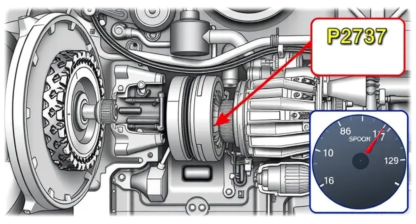 A detailed illustration of a car's transmission system, highlighting the P2757 error code indicator. The image should show the transmission components (gears, shafts, etc.) with visual cues indicating potential issues. Include a close-up of the error code light on the dashboard.