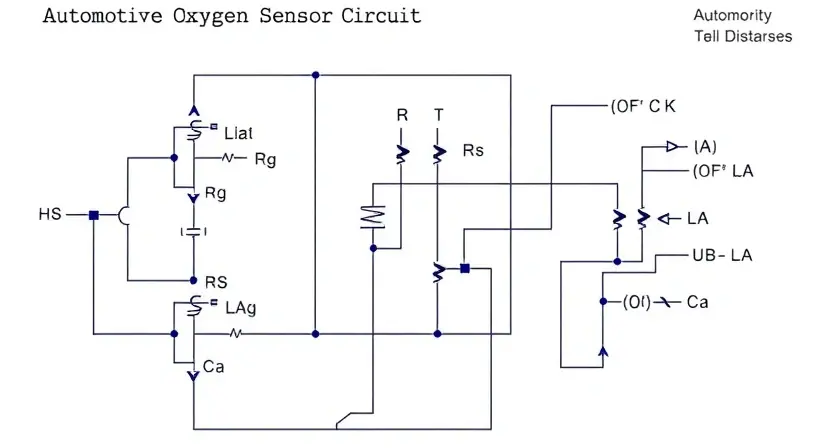 A detailed schematic diagram of an automotive oxygen sensor heater circuit, showing components like resistors, heater elements, and wiring. The diagram should be clean and well-labeled, with clear connections indicated. Focus on the electrical connections and components involved in the heater circuit.