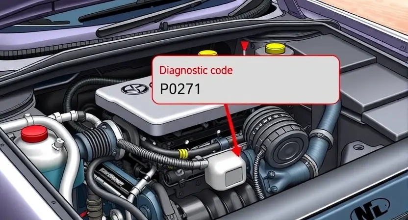 A detailed illustration of a car's engine bay with a diagnostic code P0271 highlighted on a dashboard display. The engine should be partially visible, showing various components like hoses, wires, and sensors. The background should be a slightly blurred view of the car's interior.