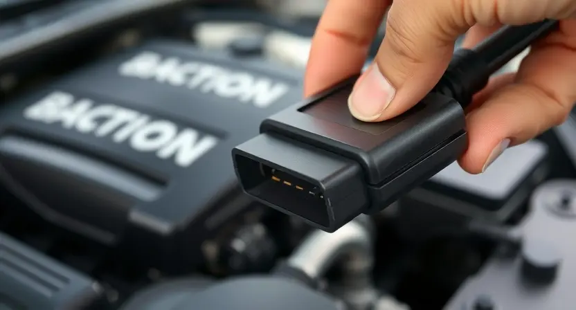 A close-up shot of a car's OBD-II port with a mechanic's hand inserting a diagnostic tool. The background shows a blurred view of a car engine bay. Focus on the port and the tool connection.