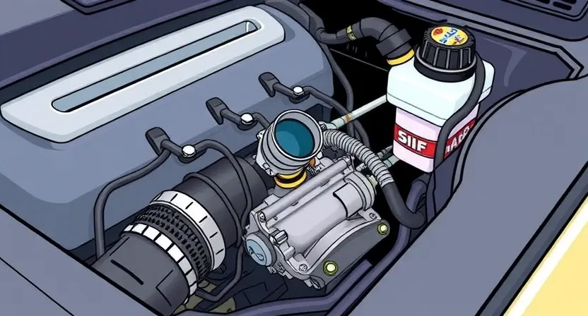 A close-up, detailed illustration of a car engine bay, focusing on the throttle body and associated components. The throttle body should be clearly visible, with hoses and wiring connected. The overall scene should be clean and well-lit, emphasizing the mechanical details.
